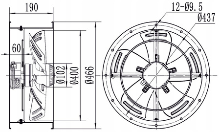 Kanalventilator fi 400 in. 3950 m3/h YWF-4E-400B-102/47T