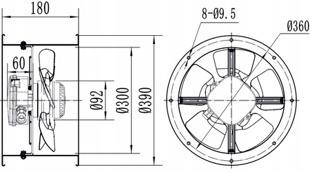 Kanalventilator fi 300 in. 1845m3/h YWF-4E-300B-92/35-T