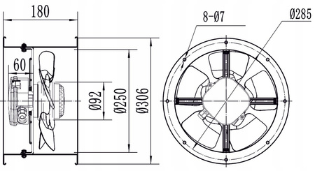  Kanalventilator fi 250 in. 1450m3/h YWF-2E-250B-92/15T
